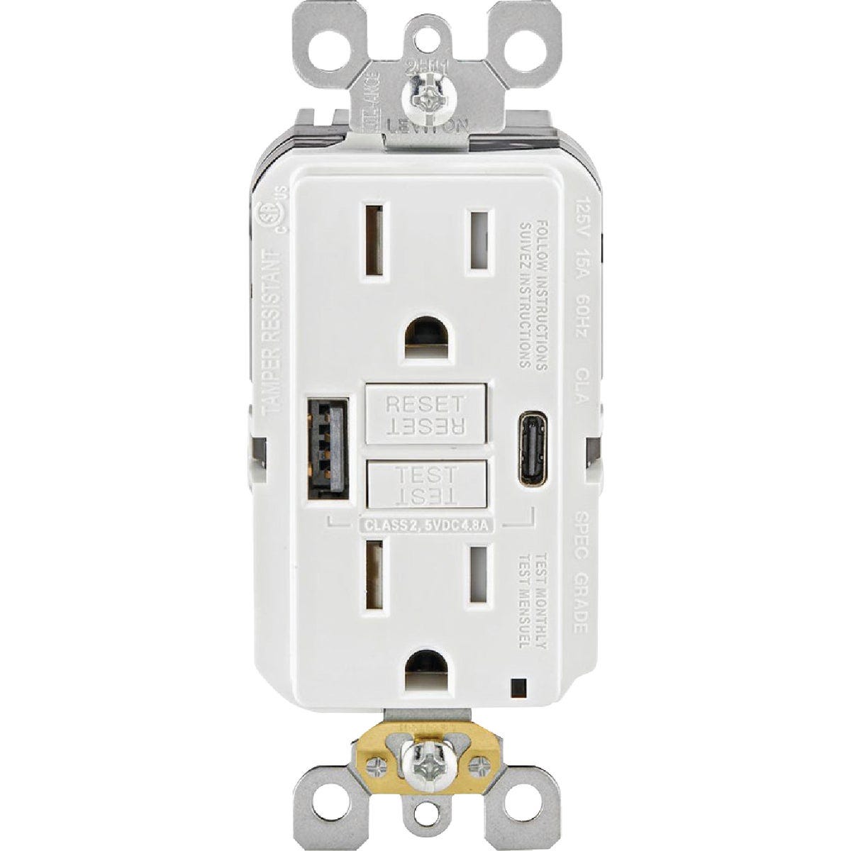 Leviton SmartlockPro White 2-Port USB Charging Outlet with 5-15R Self-Test GFCI In-Wall Charger Duplex Outlet - photo 4