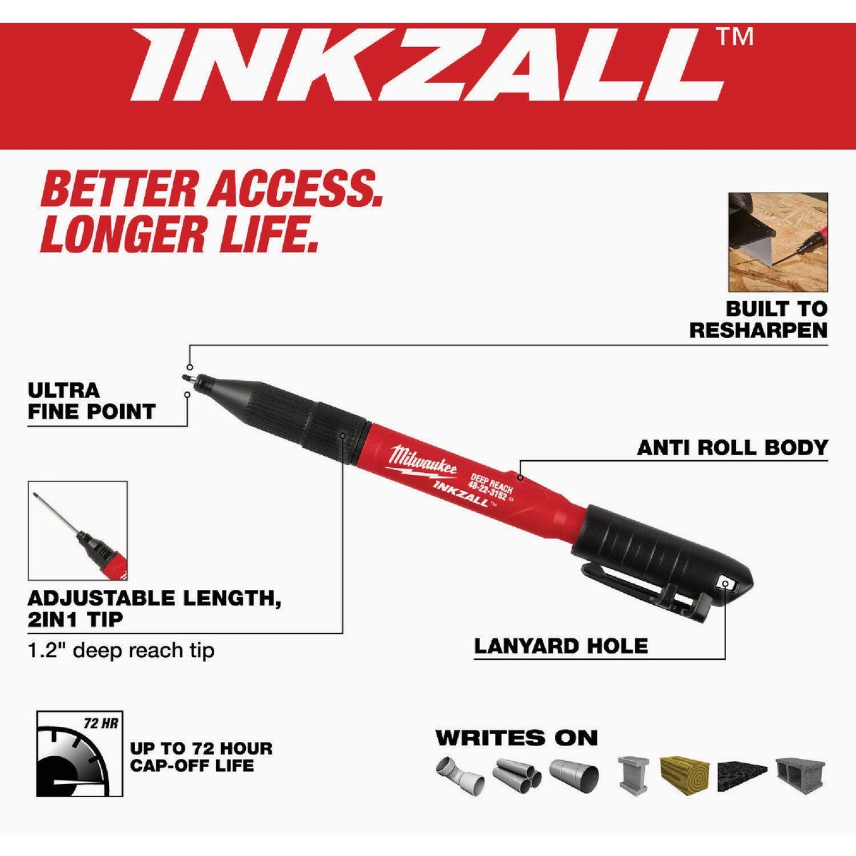 Milwaukee INKZALL 2-in-1 Deep Reach Ultra Fine Point Black Jobsite Marker - photo 2