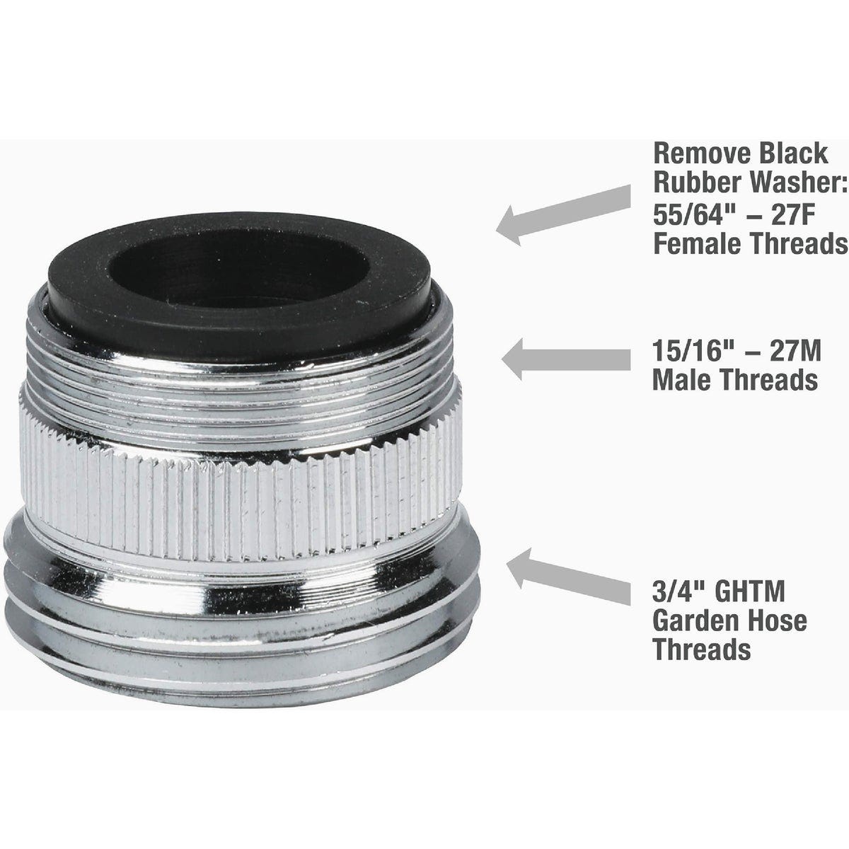 Danco 15/16 In.- 27M or 55/64 In.- 27F X 3/4 In. GHTM Chrome Garden Hose Adapter - photo 2 Danco 15/16 In.- 27M or 55/64 In.- 27F X 3/4 In. GHTM Chrome Garden Hose Adapter - photo 2