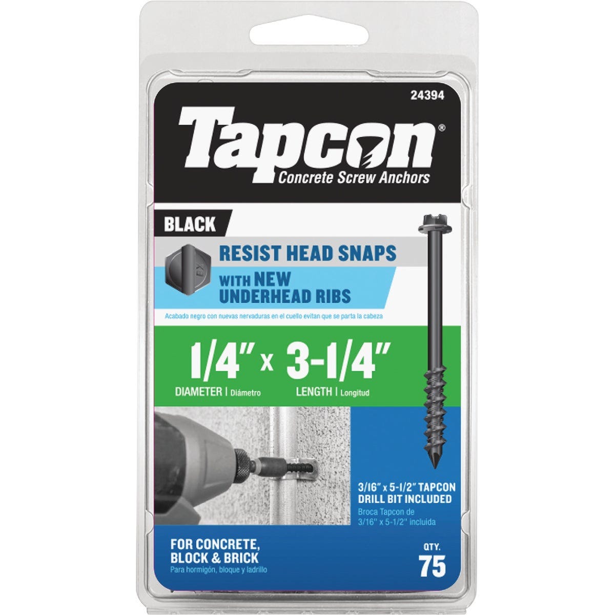 Tapcon 1/4 In. x 3-1/4 In. Hex Washer Head Black Concrete Screw Anchor (75-Count) - photo 2 Tapcon 1/4 In. x 3-1/4 In. Hex Washer Head Black Concrete Screw Anchor (75-Count) - photo 2