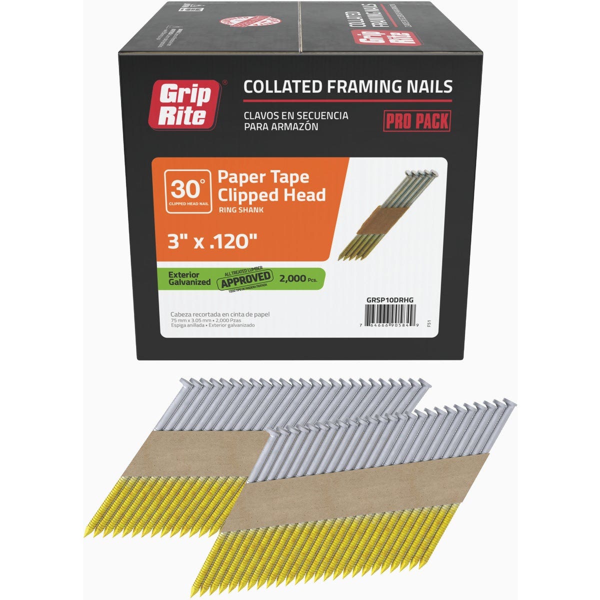 Grip-Rite 3 In. x 0.120 In. 30 Deg. Hot Galvanized Clipped Head Ring Shank Paper Tape Collated Framing Nail (2000-Count)