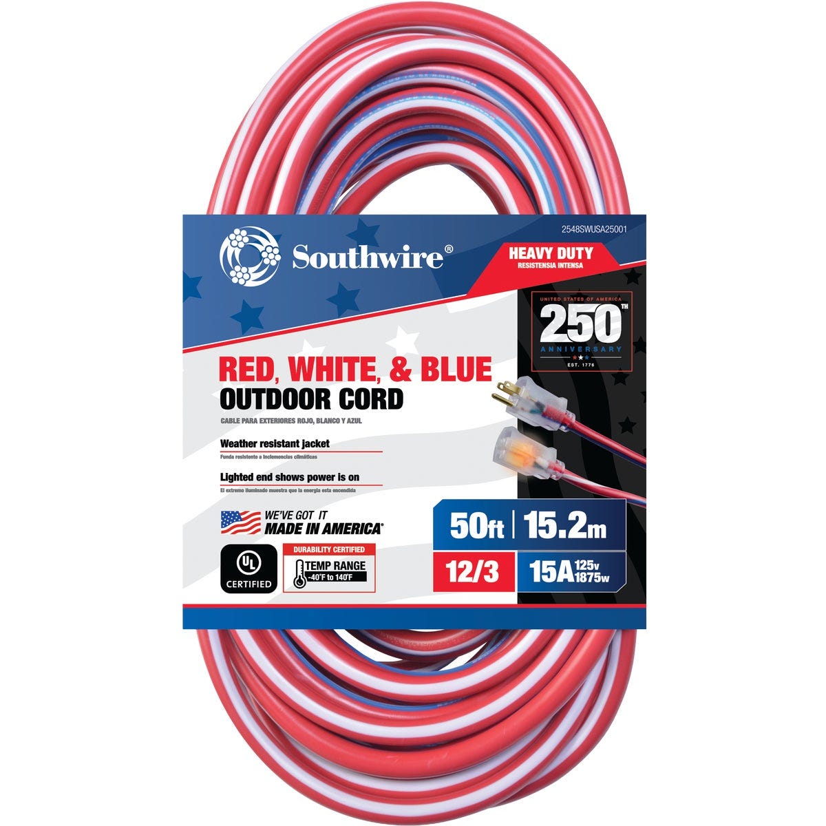 Southwire 250th Edition 50 Ft. 12/3 Indoor/Outdoor Red, White, & Blue Striped Patriotic Extension Cord