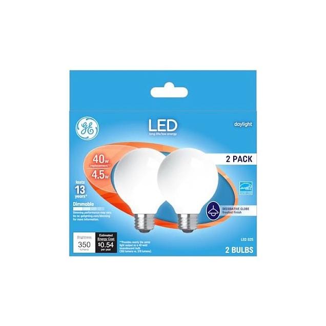 GE 2-Pack 4.5W 350 Lumens Frosted Decorative Globe LED Light Bulbs