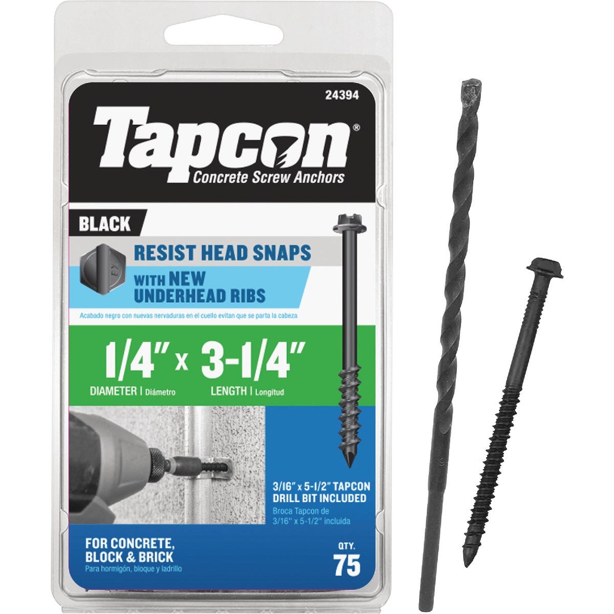 Tapcon 1/4 In. x 3-1/4 In. Hex Washer Head Black Concrete Screw Anchor (75-Count) Tapcon 1/4 In. x 3-1/4 In. Hex Washer Head Black Concrete Screw Anchor (75-Count)