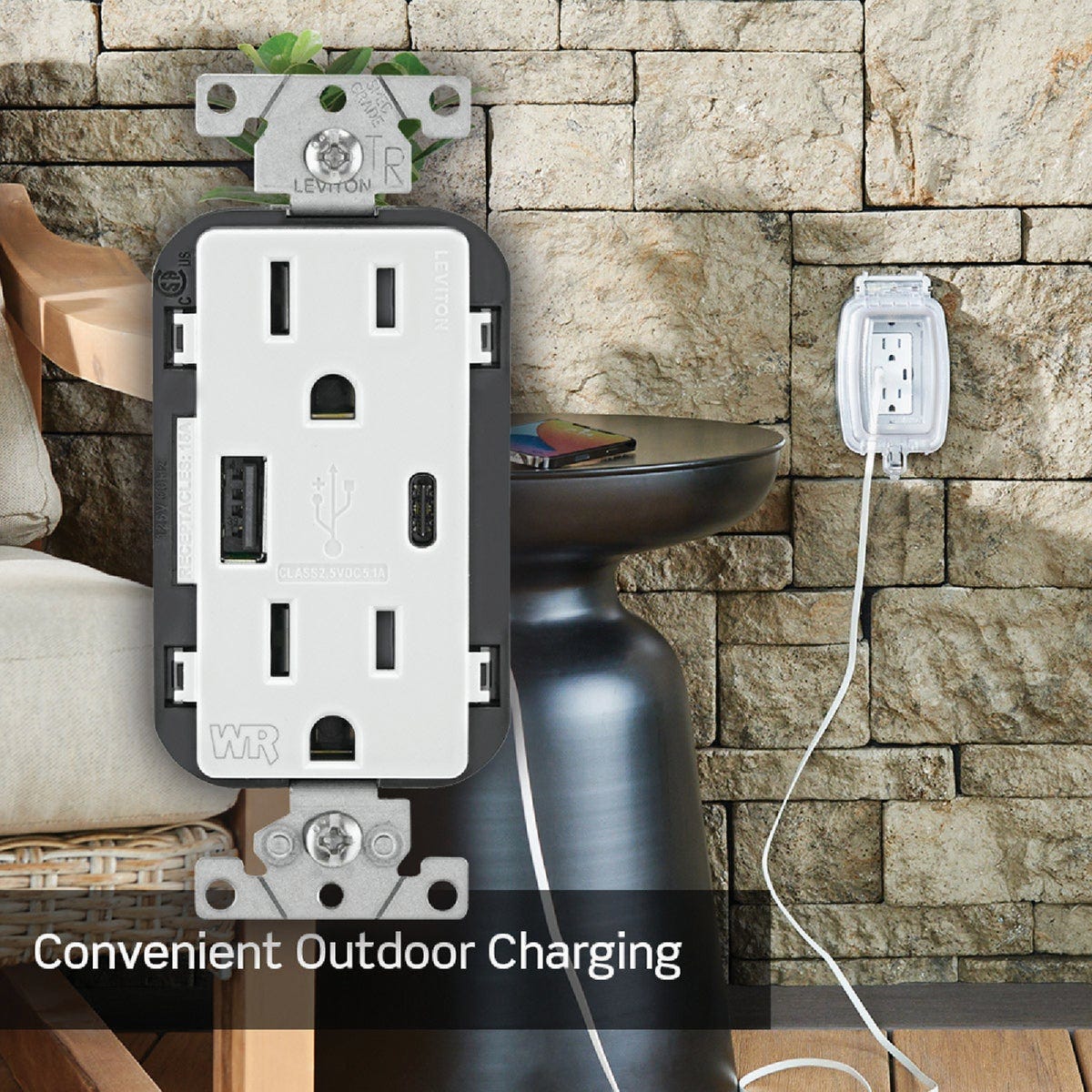 Leviton Decora 15A White 5.1A Type A/C USB 5-15R Weather/Tamper-Resistant In-Wall Charger Duplex Outlet - photo 7