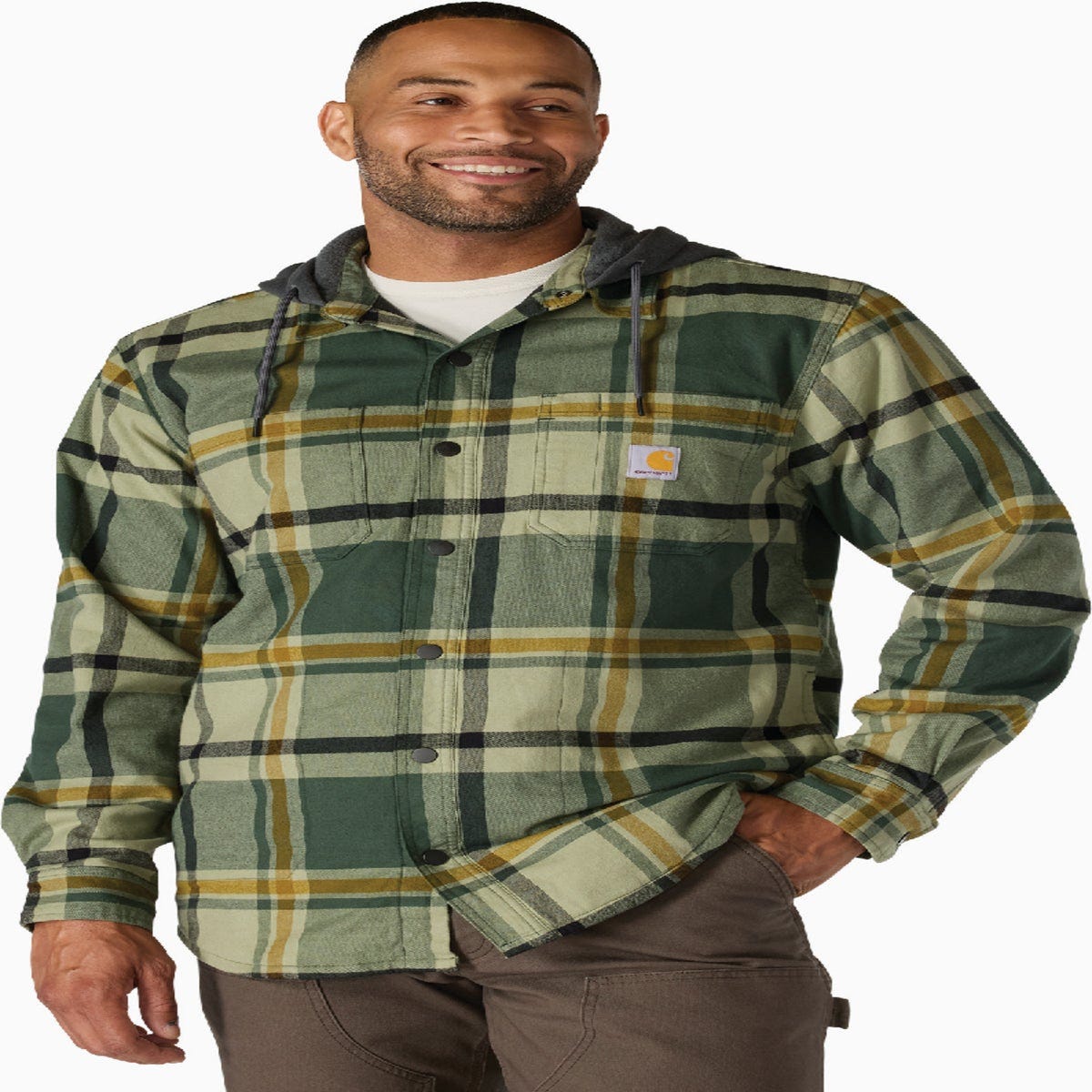 Carhartt Rugged Flex Men's 2XL Regular Forestry Green Flannel Fleece Lined Hooded Shirt Jacket, Relaxed Fit Carhartt Rugged Flex Men's 2XL Regular Forestry Green Flannel Fleece Lined Hooded Shirt Jacket, Relaxed Fit