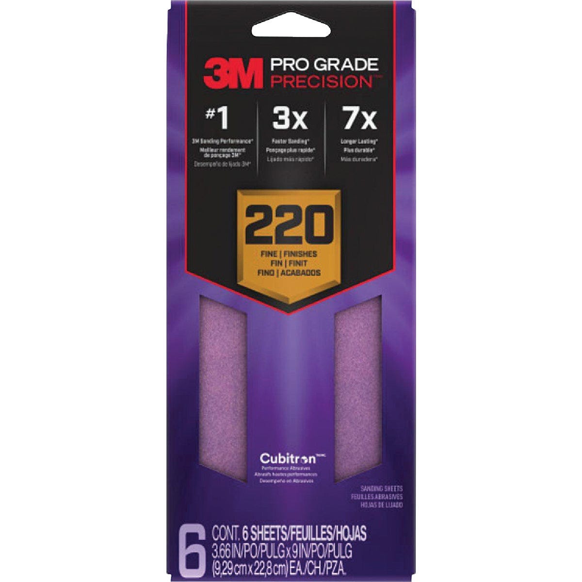 3M Pro Grade Precision 3-2/3 In. x 9 In. 220 Grit 1/3 Sheet Sandpaper with No-Slip Grip Backing (6-Pack)