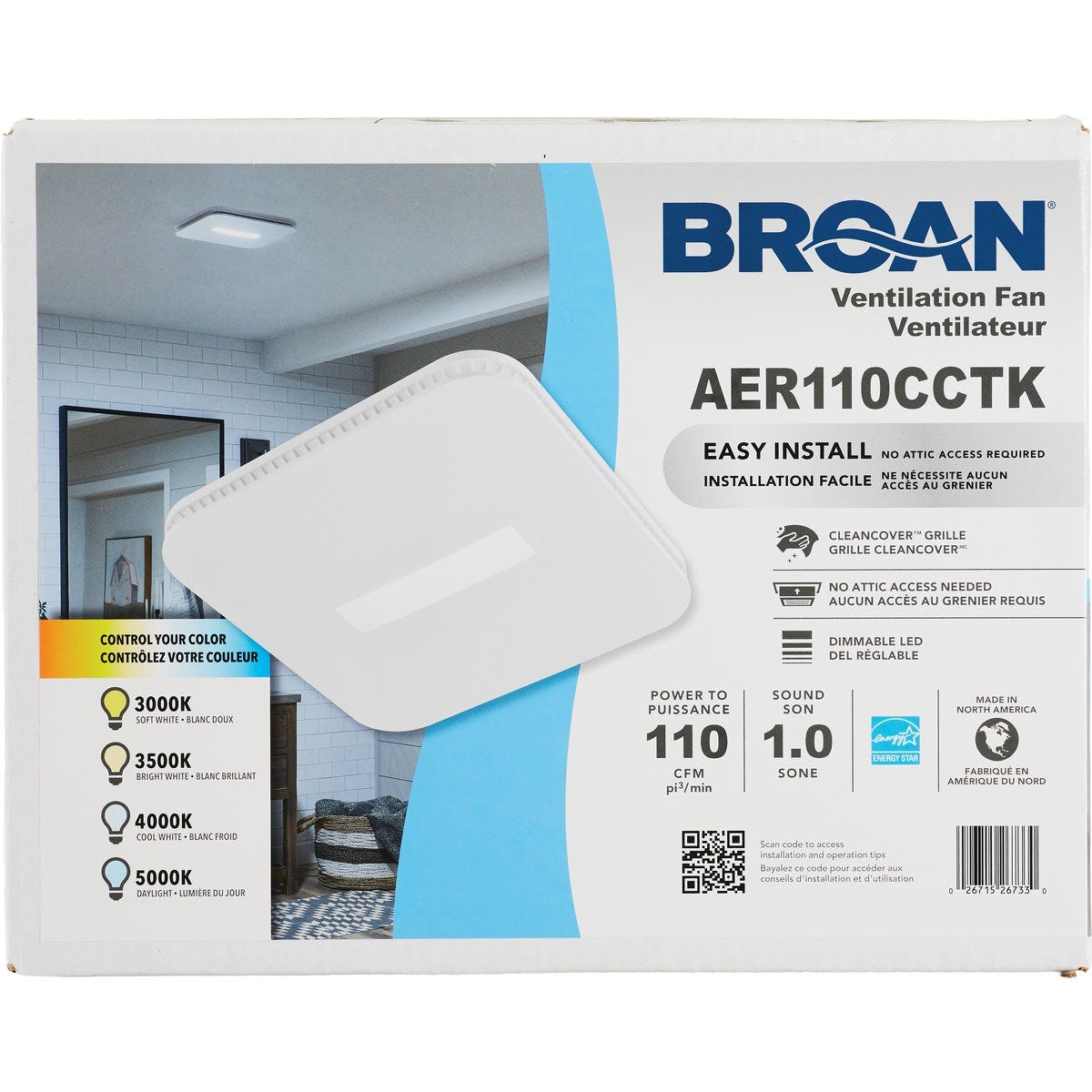 Broan-NuTone CleanCover 110 CFM 1.0 Sone 120V Bath Exhaust Fan with LED Light