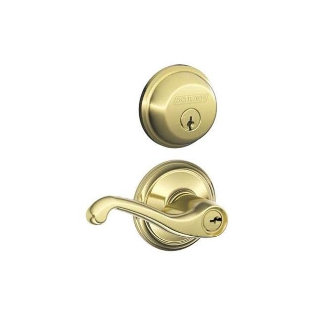 Schlage Bright Brass Single Cylinder Deadbolt & Flair Lever Combo Pack Schlage Bright Brass Single Cylinder Deadbolt & Flair Lever Combo Pack