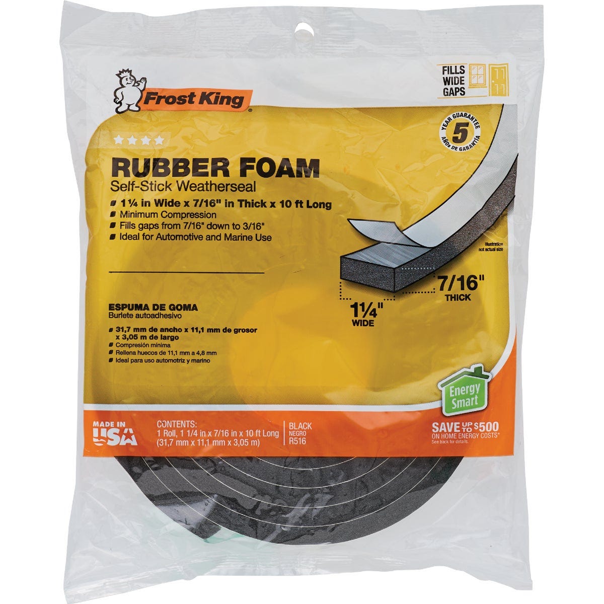 Frost King 1-1/4 In. W x 7/16 In. T x 10 Ft. L Black Rubber Foam Weatherstrip Tape - photo 2