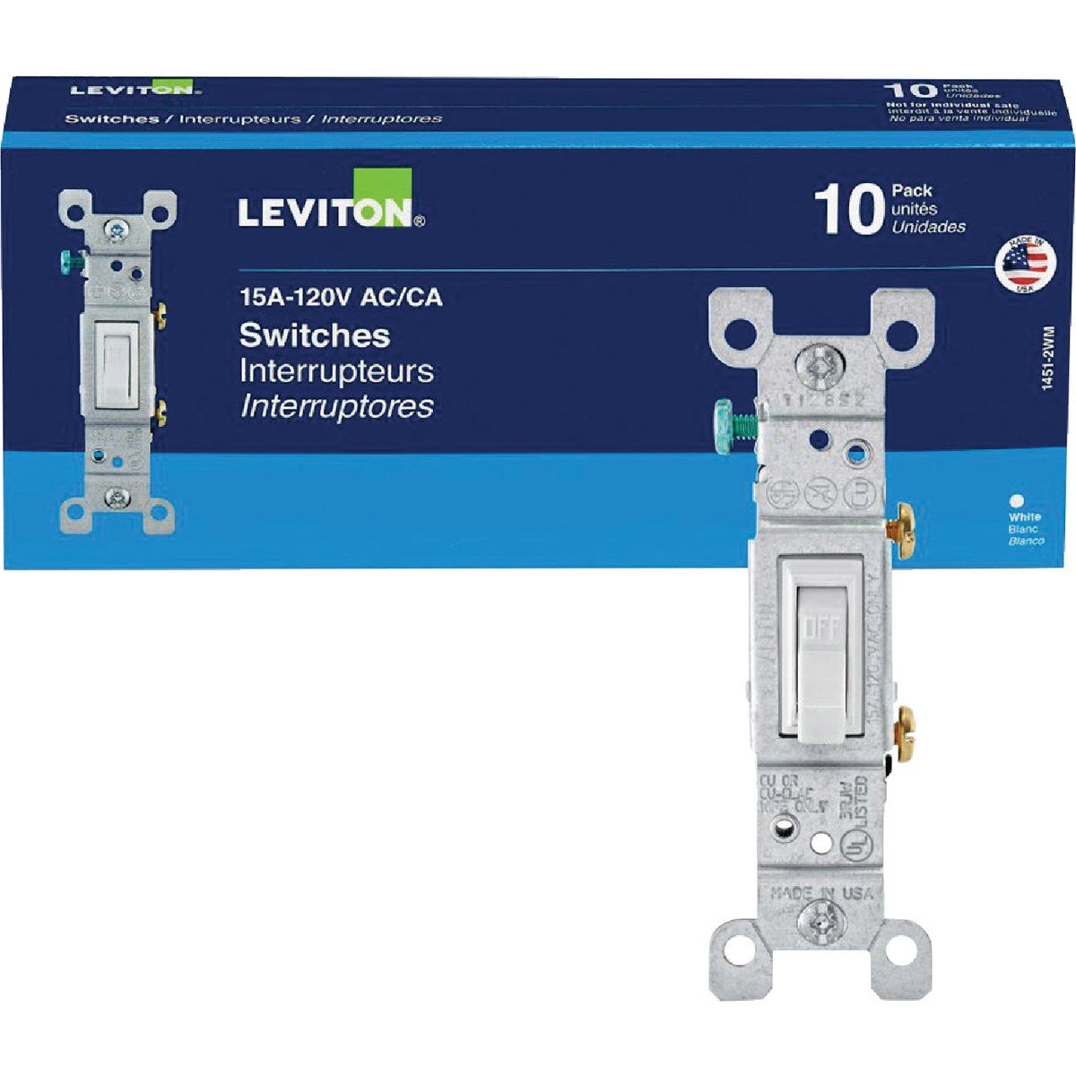 Leviton Residential Grade 15 Amp Toggle Single Pole Grounded Switch, White, (10-Pack) Leviton Residential Grade 15 Amp Toggle Single Pole Grounded Switch, White, (10-Pack)