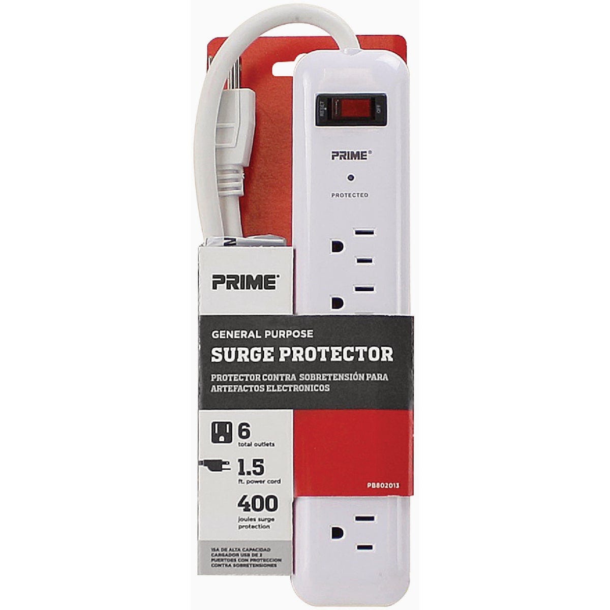 Prime 6-Outlet 400J Surge Protector Strip with 1-1/2 Ft. Cord Prime 6-Outlet 400J Surge Protector Strip with 1-1/2 Ft. Cord