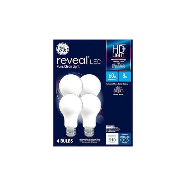 GE 8W Clean White A19 Medium Base 610 Lumens Frosted Reveal HD LED Light Bulb (4-Pack) GE 8W Clean White A19 Medium Base 610 Lumens Frosted Reveal HD LED Light Bulb (4-Pack)