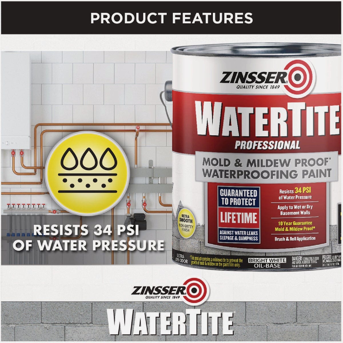 Zinsser WaterTite Professional Bright White Mold and Mildew-Proof Waterproofing Paint, 1 Gal. - photo 5