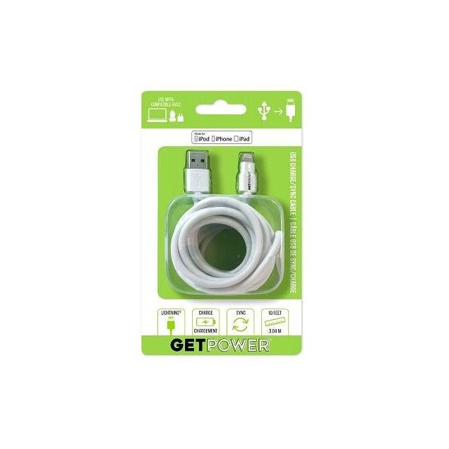 Get Power 10 Ft. White USB To Apple Lightning Tip Charging/Sync Braided Cables