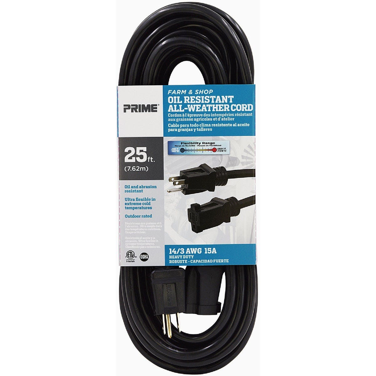 Prime 25 Ft. 14/3 SJTOW Black Oil Resistant Farm Extension Cord