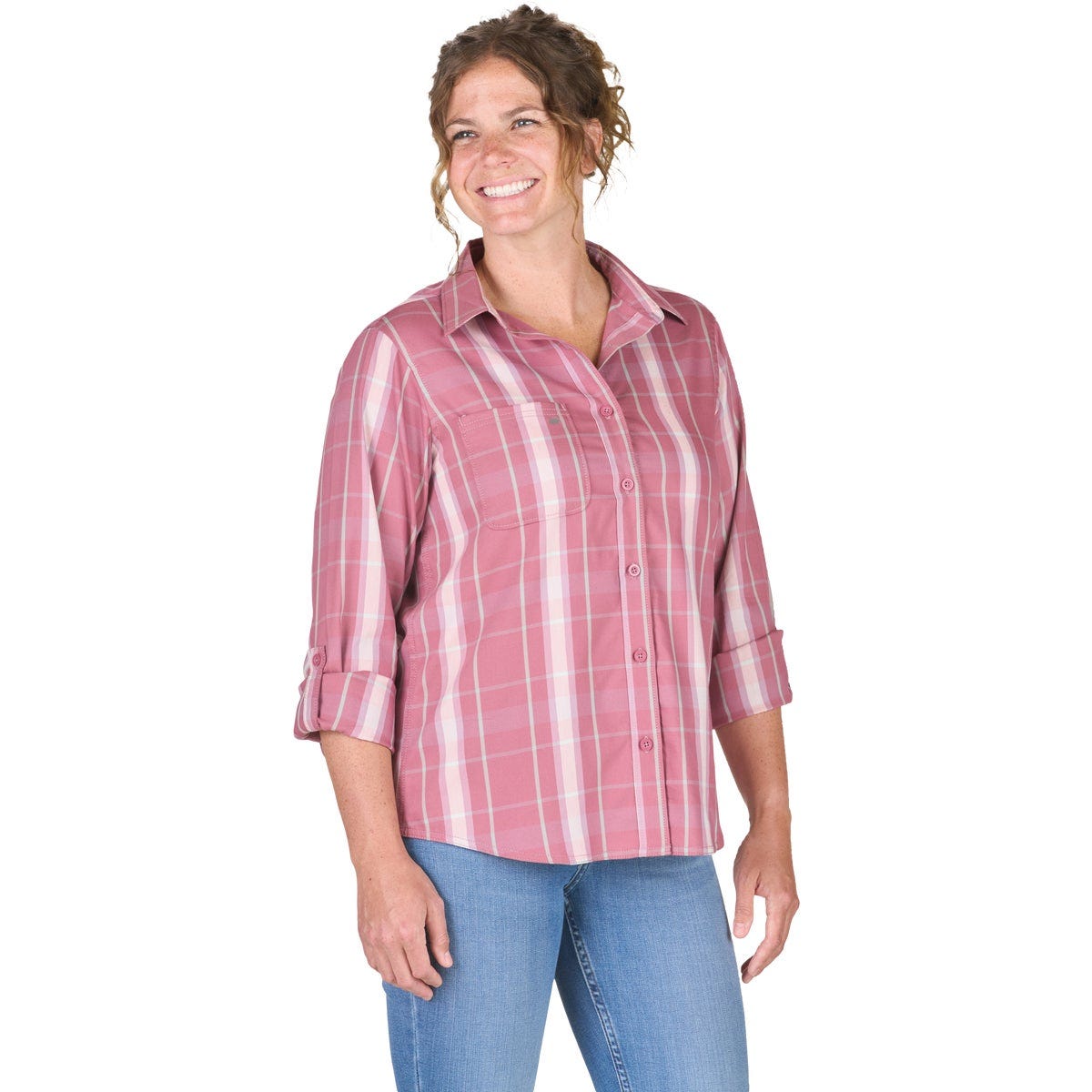 Berne Flex180 Women's Large Plaid Elderberry UPF Button Down Long Sleeve Shirt