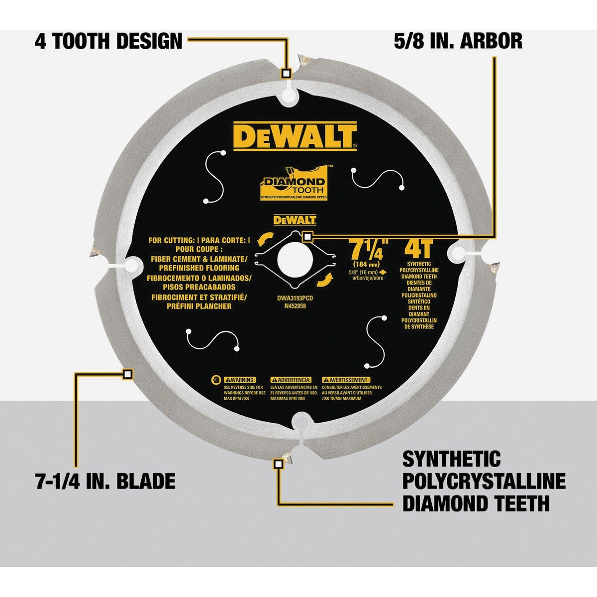 DEWALT 7-1/4 In. 4-Tooth PCD Fiber Cement Circular Saw Blade - photo 3 DEWALT 7-1/4 In. 4-Tooth PCD Fiber Cement Circular Saw Blade - photo 3
