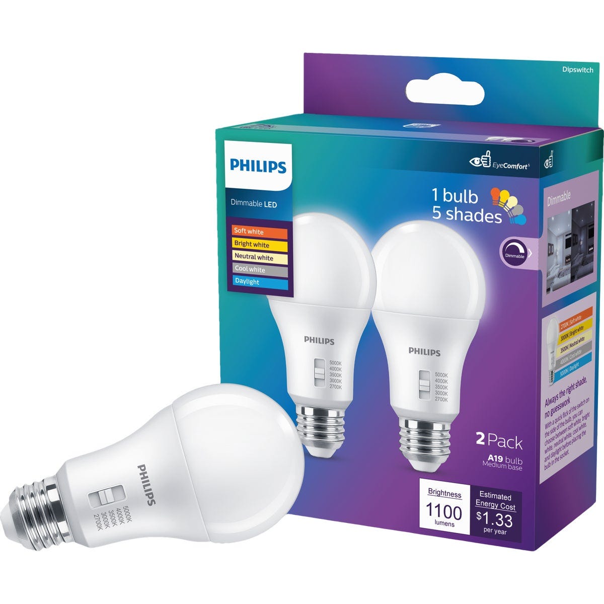 Philips 75W Equivalent 5 CCT A19 Medium Dimmable LED Light Bulb (2-Pack)