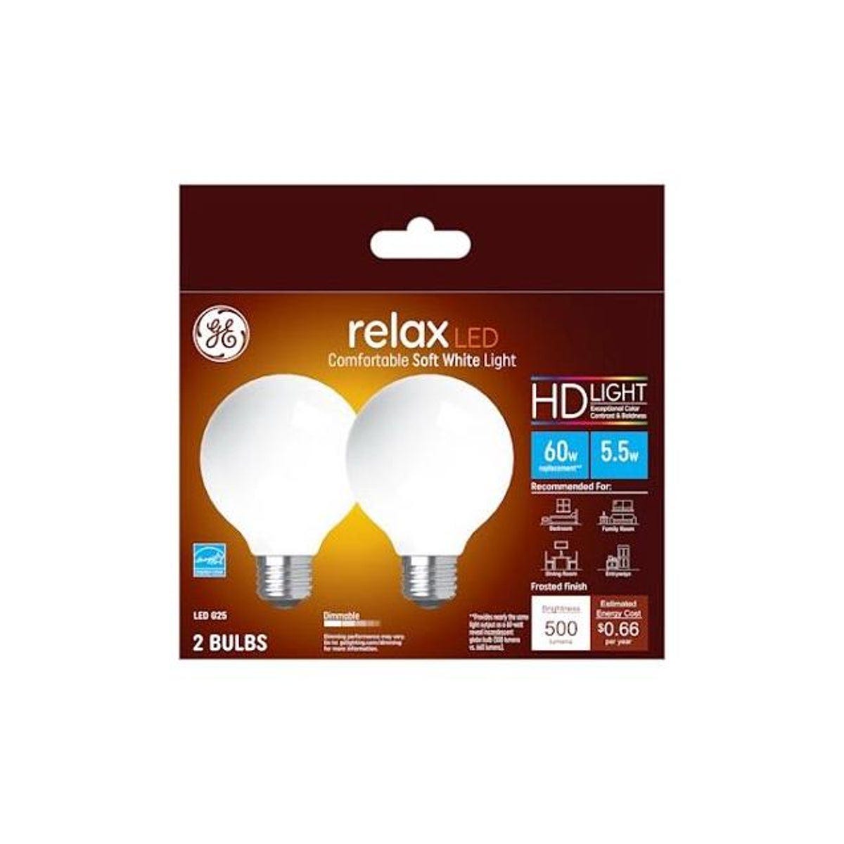 GE 2-Pack 5.5W 500 Lumens Soft White LED Relax Globe Light Bulbs GE 2-Pack 5.5W 500 Lumens Soft White LED Relax Globe Light Bulbs