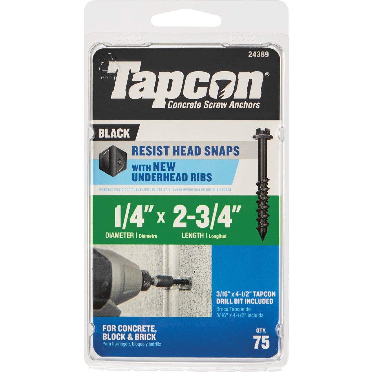 Tapcon 1/4 In. x 2-3/4 In. Hex Washer Head Black Concrete Screw Anchor (75-Count) - photo 2 Tapcon 1/4 In. x 2-3/4 In. Hex Washer Head Black Concrete Screw Anchor (75-Count) - photo 2