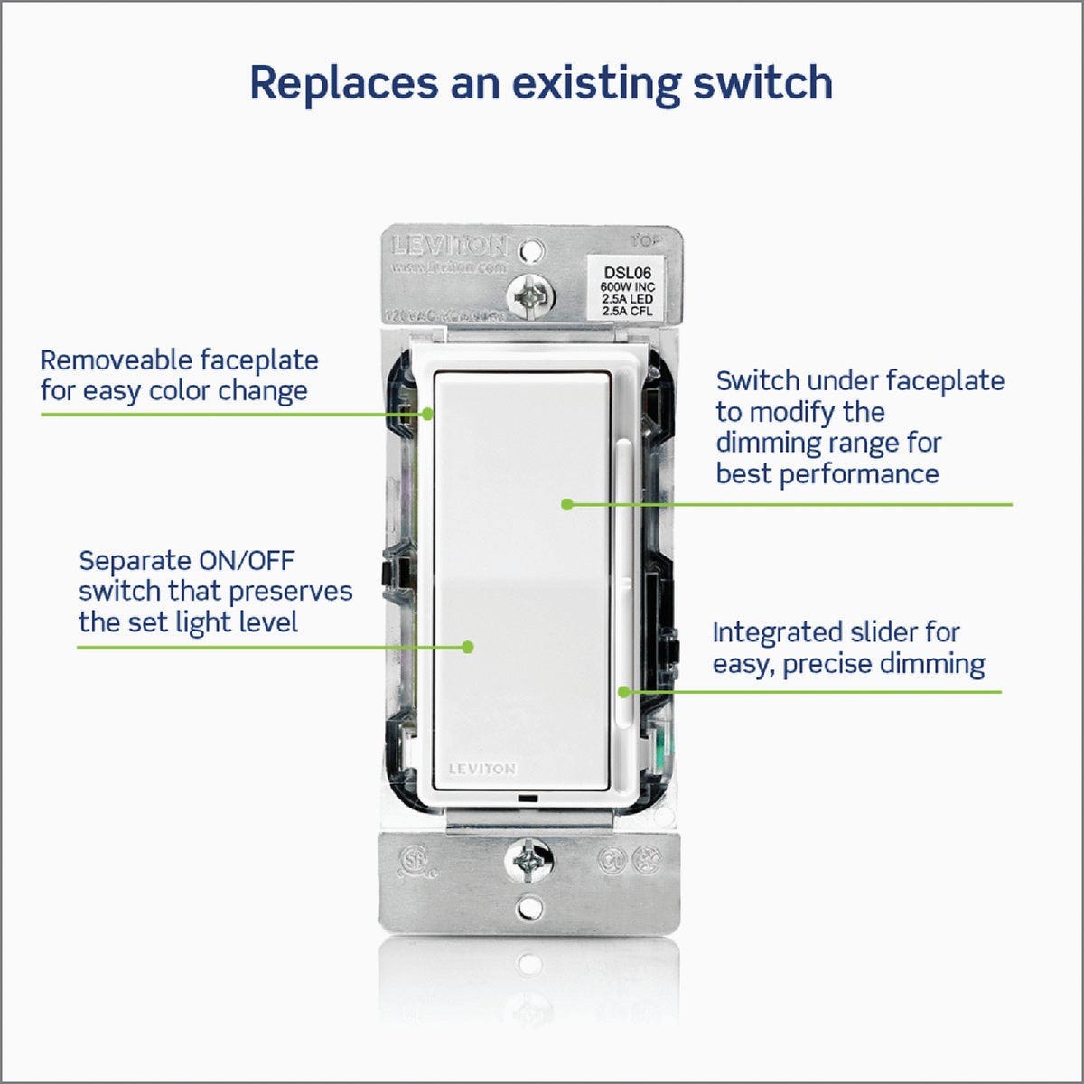 Leviton Decora Incandescent/LED/CFL White/Light Almond Color Change Kit Slide Dimmer Switch - photo 4