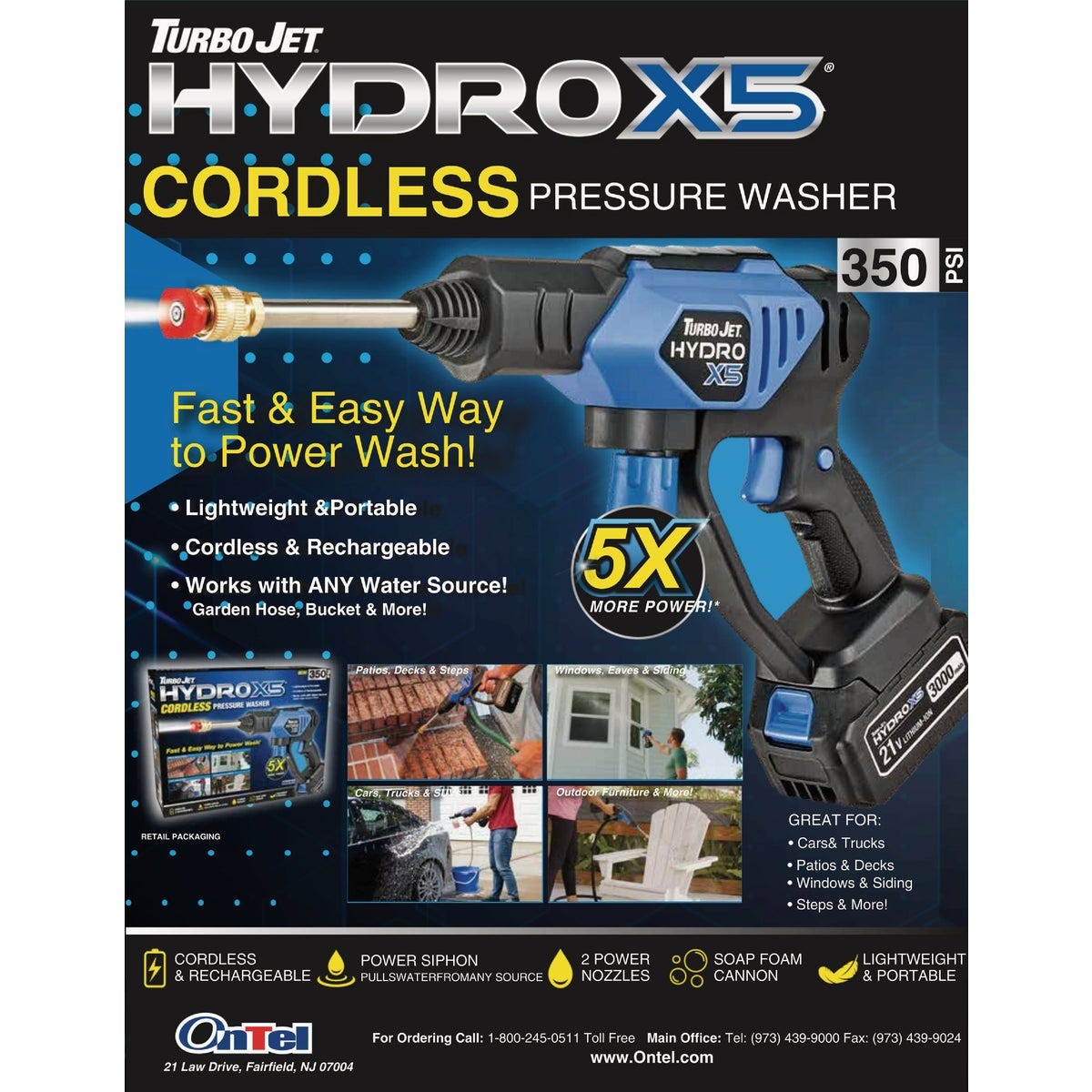 Turbo Jet Hydro X5 350 PSI Cordless Power Cleaner with 21V Battery & Charger Turbo Jet Hydro X5 350 PSI Cordless Power Cleaner with 21V Battery & Charger