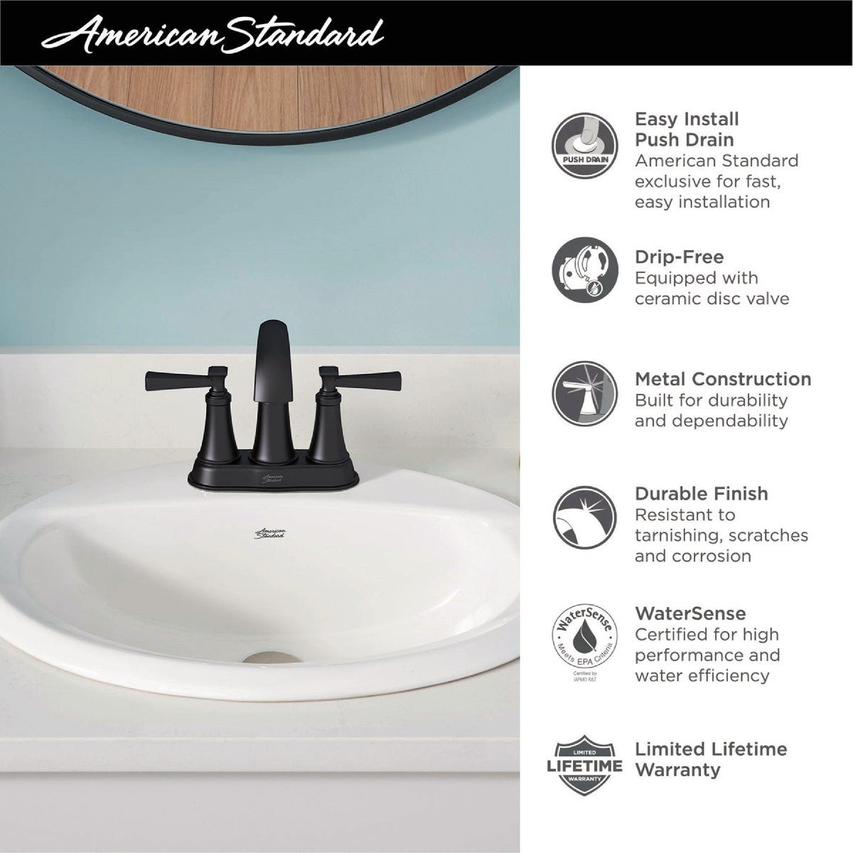American Standard Glenmere Matte Black 2-Handle Lever 4 In. Centerset Bathroom Faucet with Pop-Up - photo 5 American Standard Glenmere Matte Black 2-Handle Lever 4 In. Centerset Bathroom Faucet with Pop-Up - photo 5