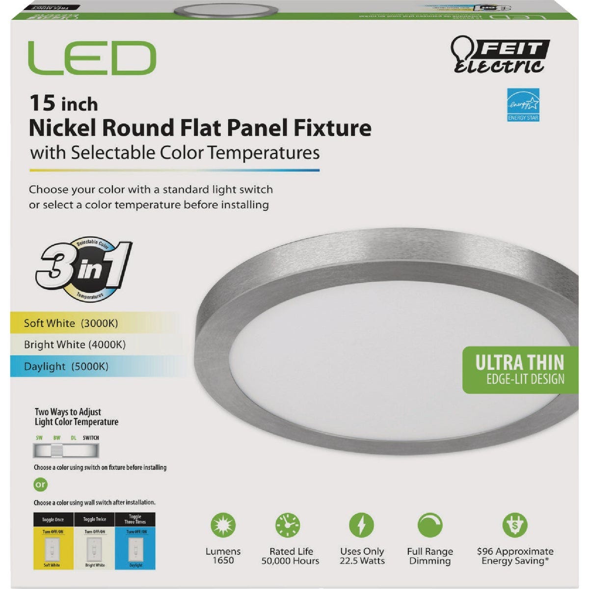 Feit Electric Edge-Lit 15 In. Nickel Round 4-Way LED Flush Mount Light - photo 2