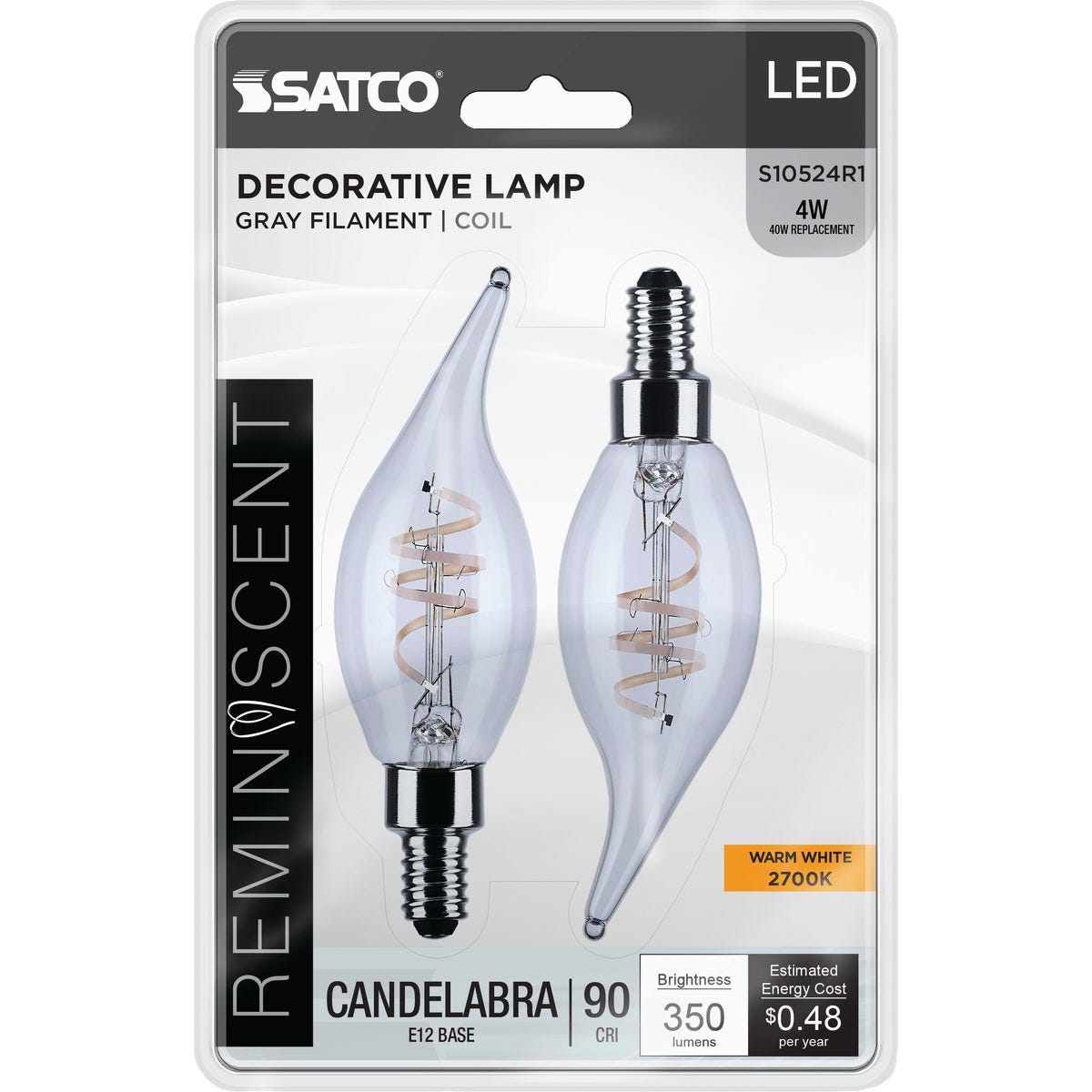 Satco Reminiscent 40W Equivalent Warm White Flame-Tip Gray Coil Filament Candelabra Decorative Light Bulb (2-Pack) - photo 2 Satco Reminiscent 40W Equivalent Warm White Flame-Tip Gray Coil Filament Candelabra Decorative Light Bulb (2-Pack) - photo 2