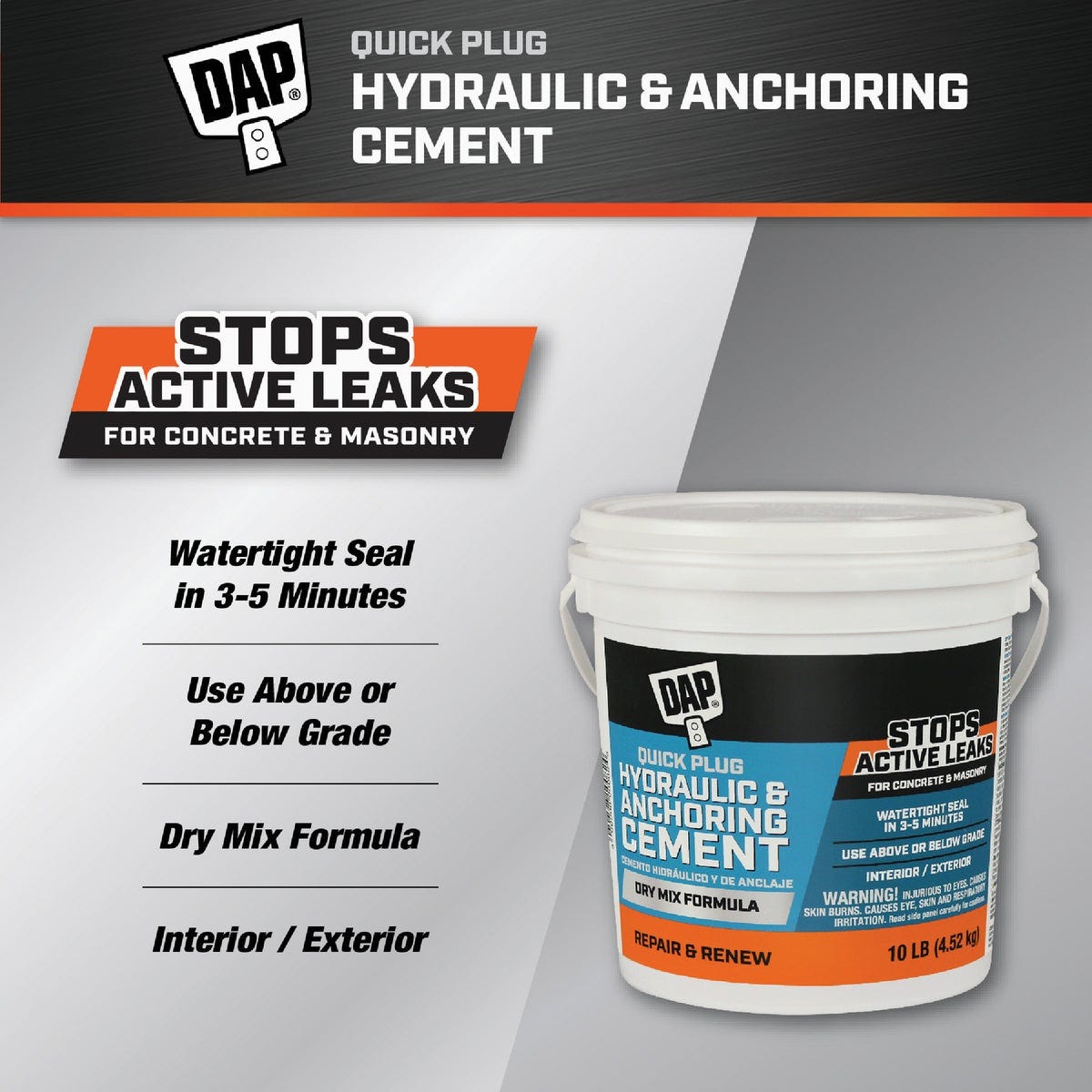 Dap 10 Lb. Quick Plug Hydraulic & Anchoring Cement, Gray - photo 2 Dap 10 Lb. Quick Plug Hydraulic & Anchoring Cement, Gray - photo 2
