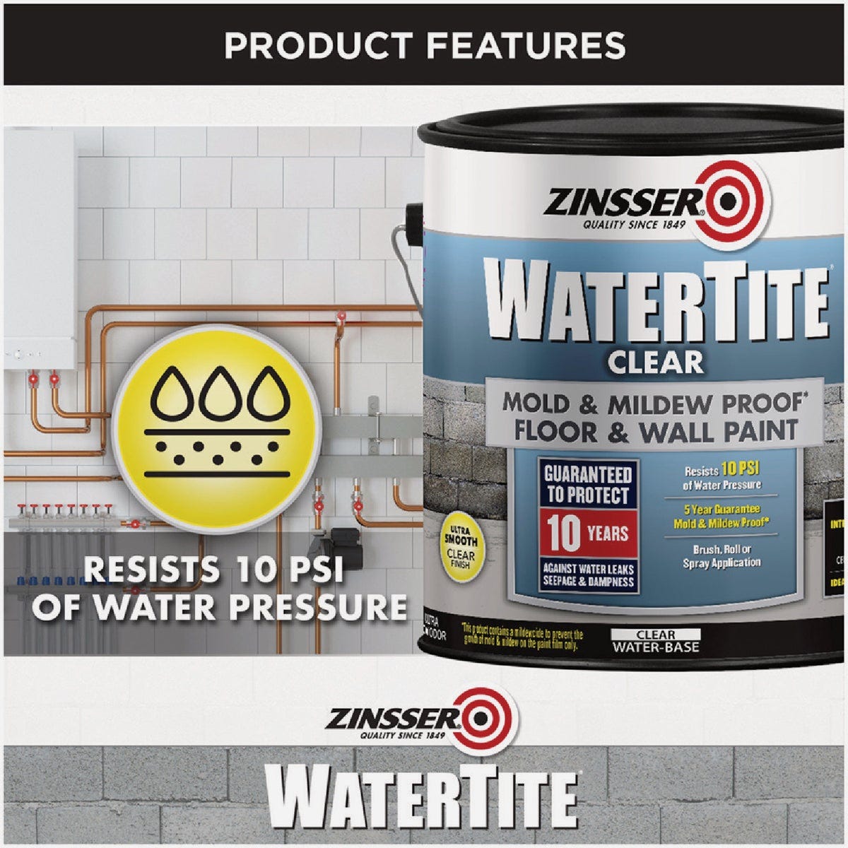 Zinsser WaterTite Clear Mold & Mildew Proof Clear Floor and Wall Paint, 1 Gal. - photo 4 Zinsser WaterTite Clear Mold & Mildew Proof Clear Floor and Wall Paint, 1 Gal. - photo 4