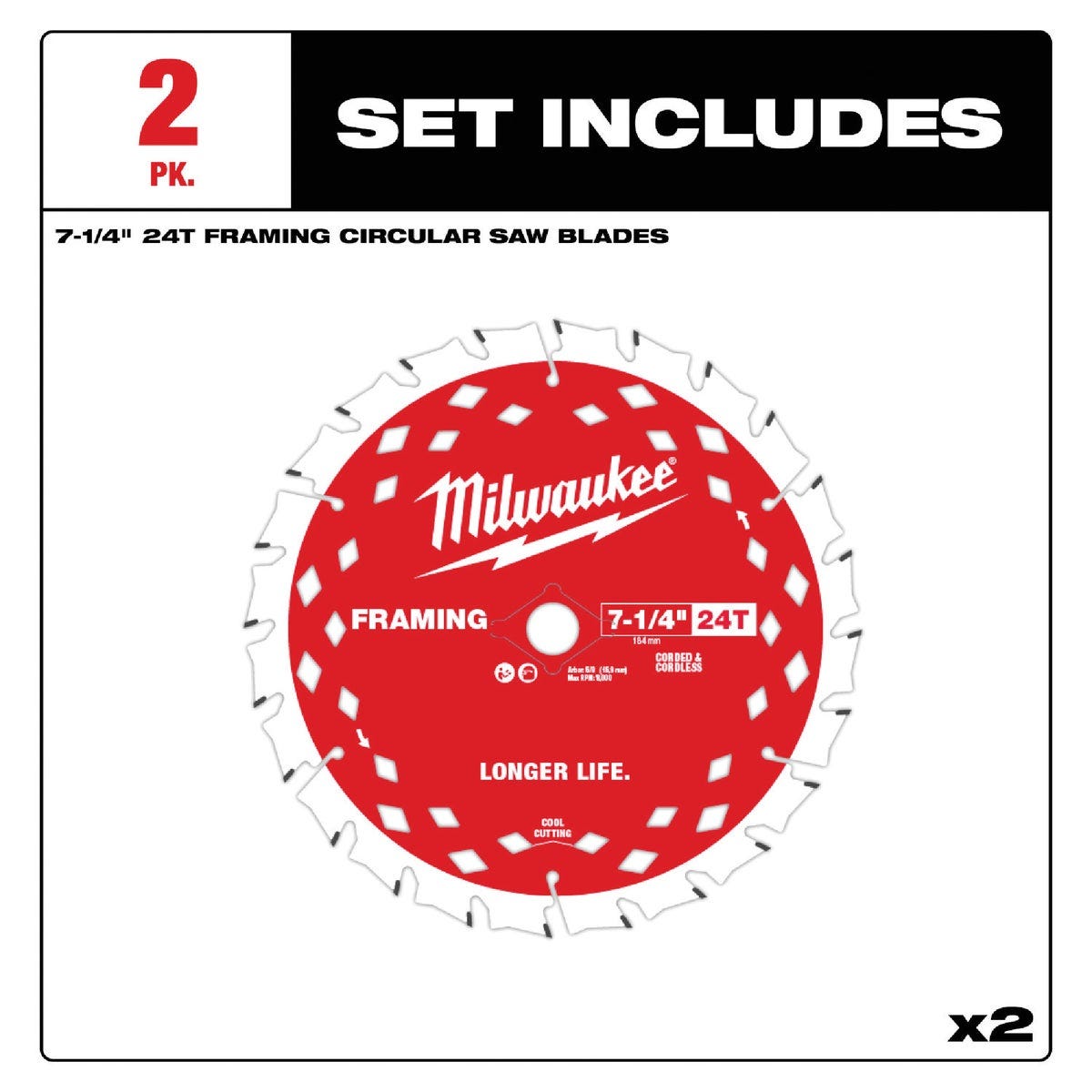 Milwaukee 7-1/4 In. 24-Tooth Framing Circular Saw Blade (2-Pack) - photo 2 Milwaukee 7-1/4 In. 24-Tooth Framing Circular Saw Blade (2-Pack) - photo 2