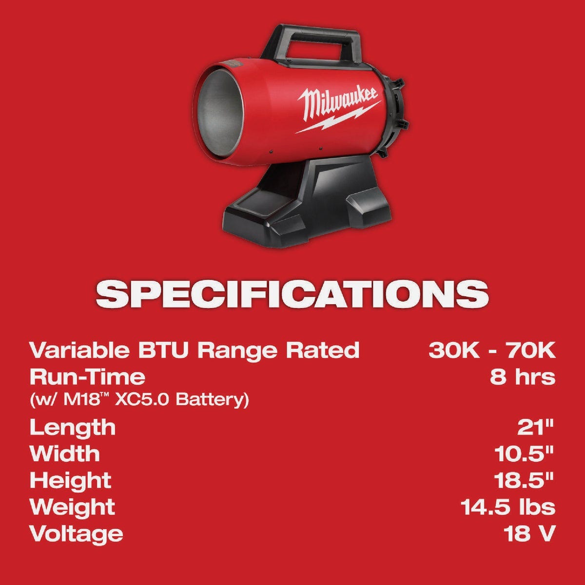 Milwaukee M18 70,000 BTU Forced Air Propane Heater - photo 3