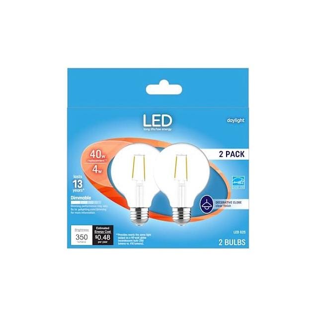 GE 2-Pack 4W 350 Lumens Clear Decorative Globe LED Light Bulbs