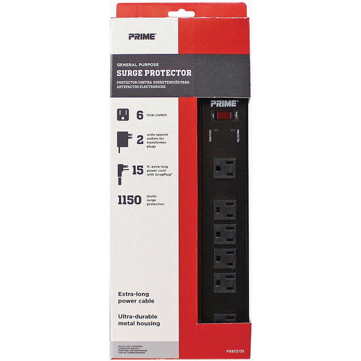 Prime 6-Outlet 1150J Metal Surge Protector Strip with 15 Ft. Cord