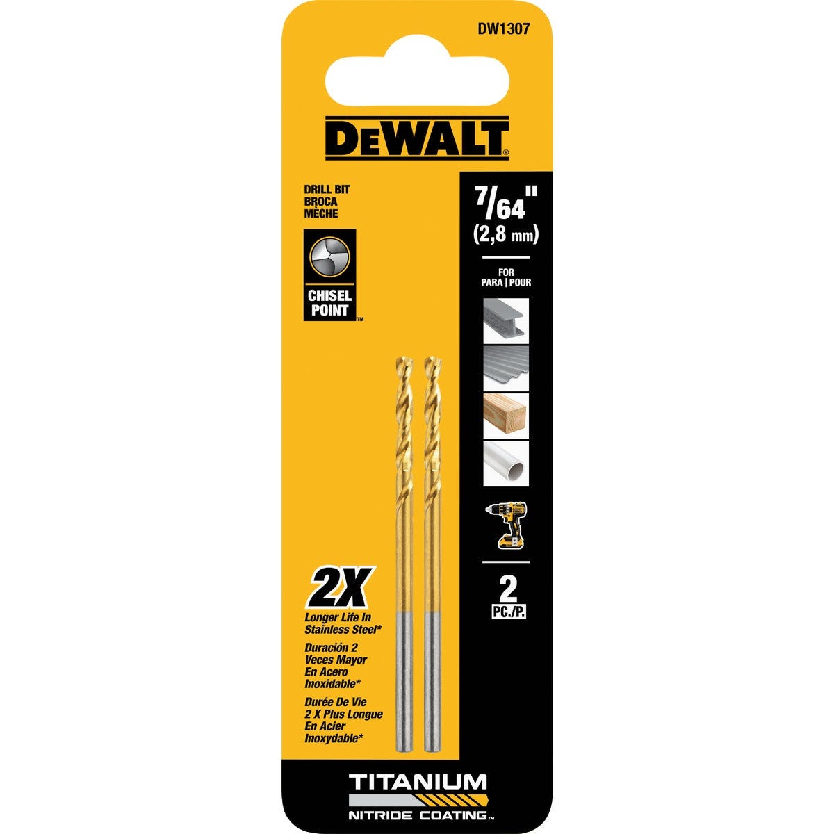 Dewalt 7/64 In. Titanium Nitride Coated HSS Jobber Length Twist Drill Bit (2-Pack)