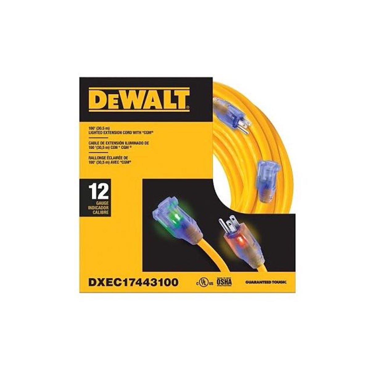 DEWALT 100 Ft. 12/3 SJTW Yellow Lighted Extension Cord