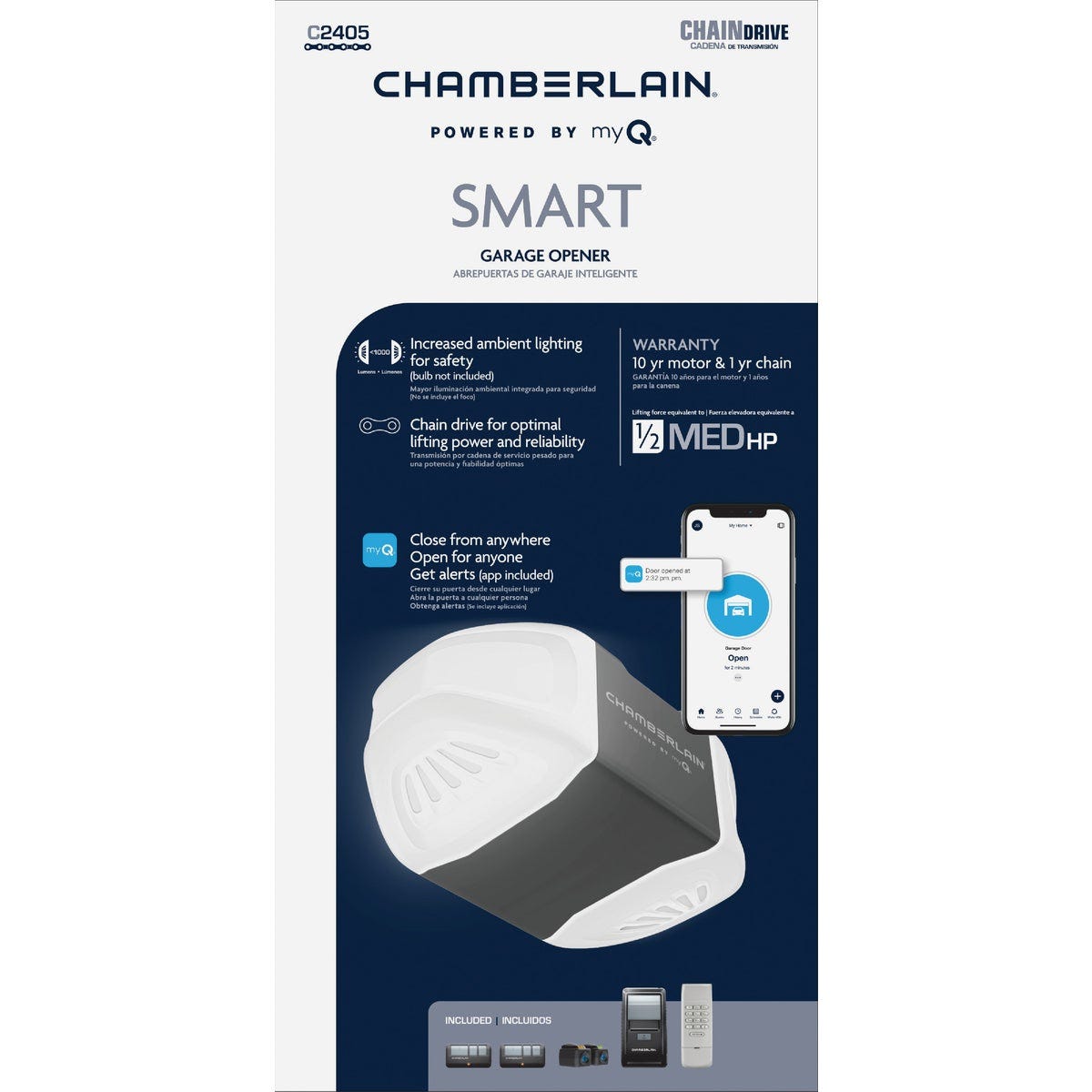 Chamberlain C2405 1/2 HP Smartphone-Controlled Durable Chain Drive Garage Door Opener with WiFi and MED Lifting Power - photo 2