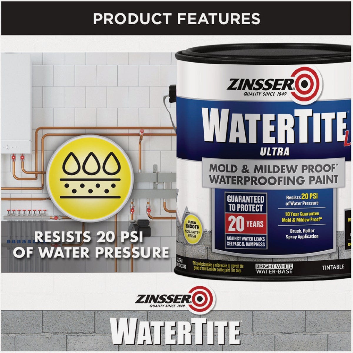 Zinsser WaterTite LX Ultra 1 Qt. Mold & Mildew Proof Bright White Waterproofing Paint - photo 3