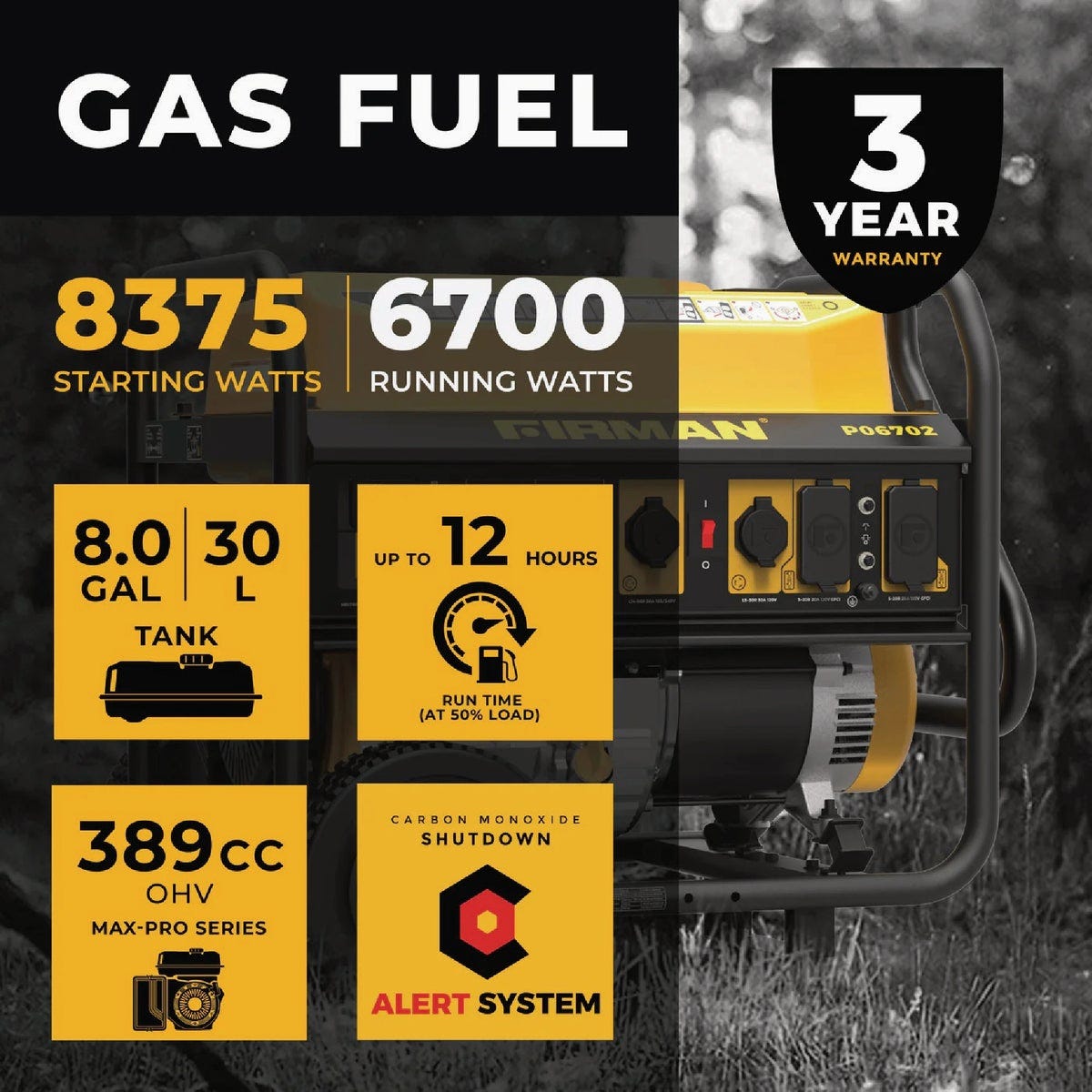 Firman 8350W Gasoline Powered Recoil Start 120/240V Portable Generator with CO Alert - photo 4