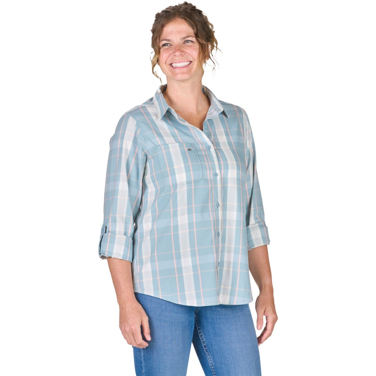 Berne Flex180 Women's Large Plaid Eggshell Blue UPF Button Down Long Sleeve Shirt