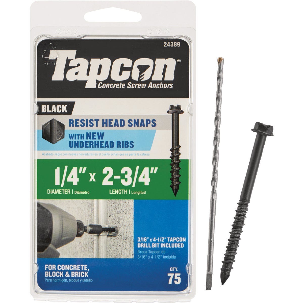 Tapcon 1/4 In. x 2-3/4 In. Hex Washer Head Black Concrete Screw Anchor (75-Count) Tapcon 1/4 In. x 2-3/4 In. Hex Washer Head Black Concrete Screw Anchor (75-Count)