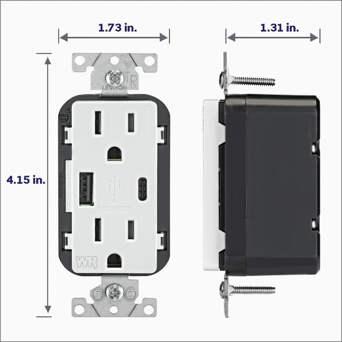 Leviton Decora 15A White 5.1A Type A/C USB 5-15R Weather/Tamper-Resistant In-Wall Charger Duplex Outlet - photo 6