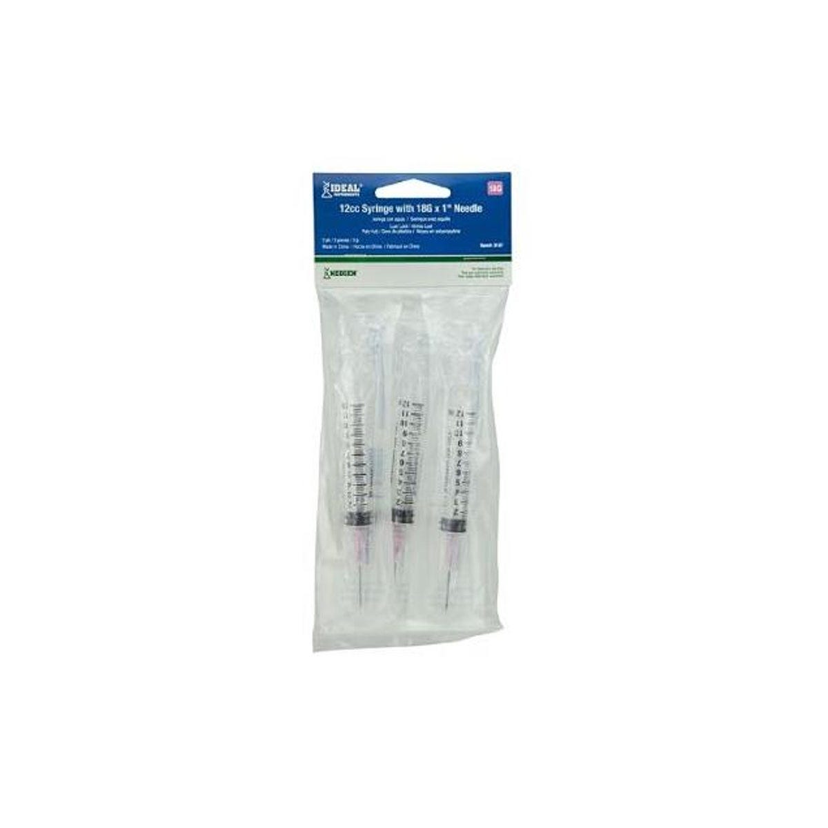 Ideal 12cc 18G x 1 Disposable Syringe with Needle Leur Lock (3-Pack) Ideal 12cc 18G x 1 Disposable Syringe with Needle Leur Lock (3-Pack)