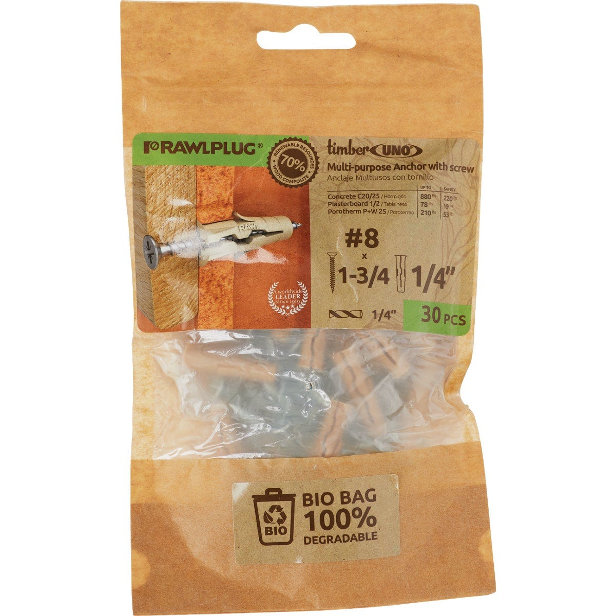 Rawlplug Timber Uno 1/4 In. Multi-Purpose Anchor with #8 x 1-3/4 In. Screw (30-Pack) Clip Strip (12-Piece) - photo 2