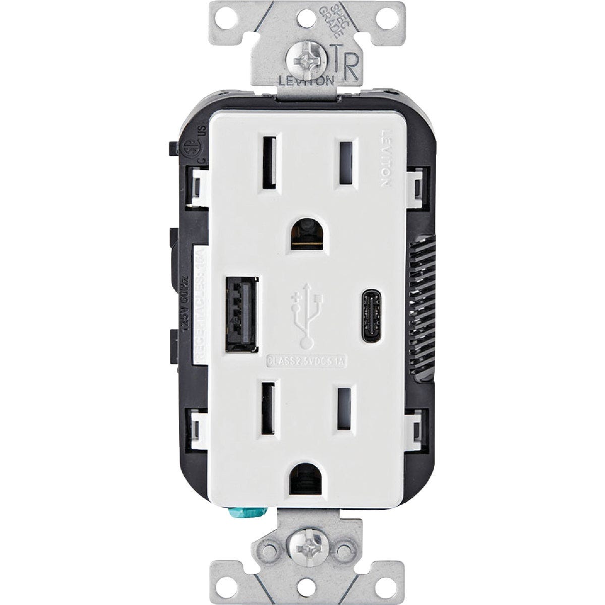 Leviton Decora 5.1A 5V White Type A/C USB Charging Outlet with 15A 125V 5-15R Tamper Resistant Duplex Outlet - photo 4