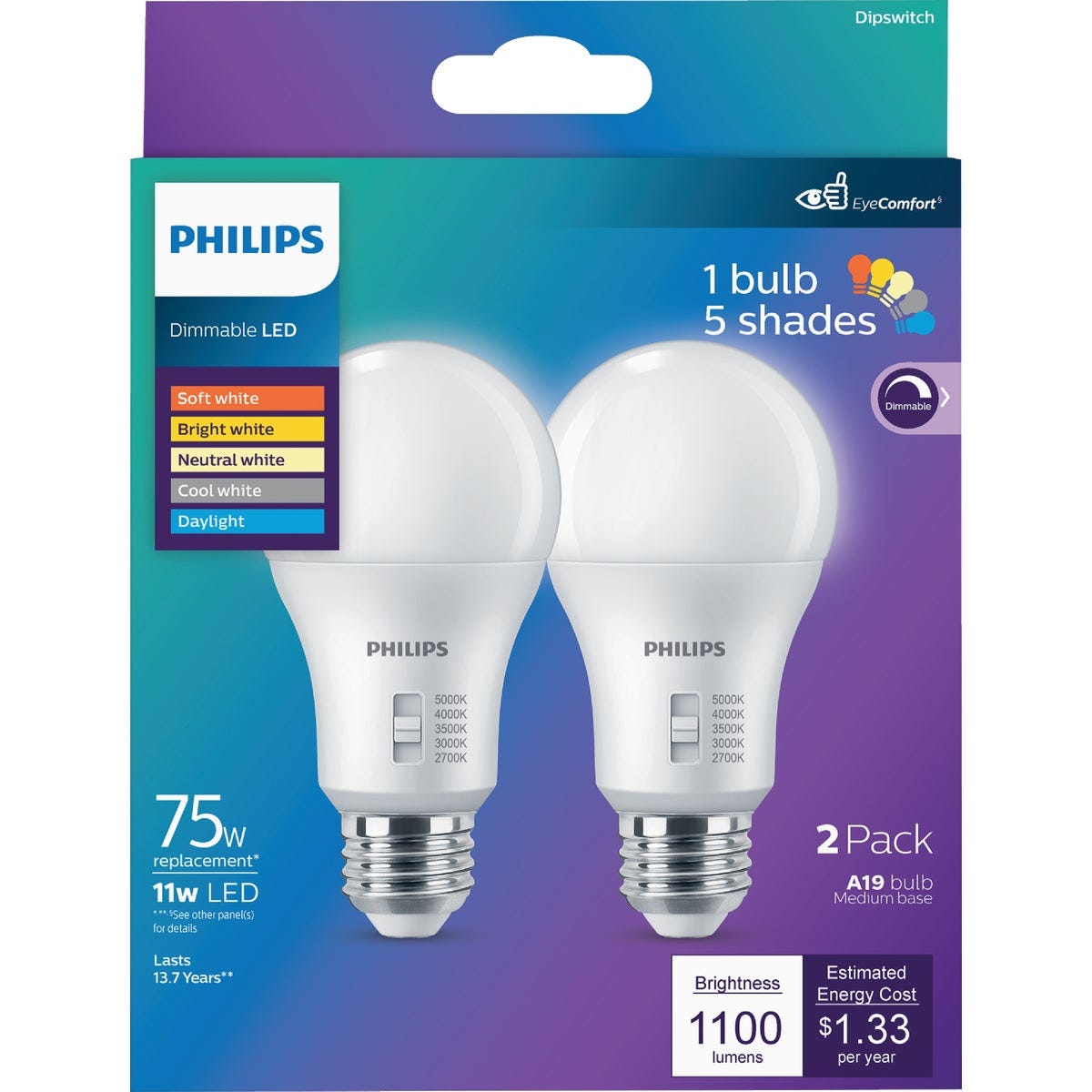 Philips 75W Equivalent 5 CCT A19 Medium Dimmable LED Light Bulb (2-Pack) - photo 2