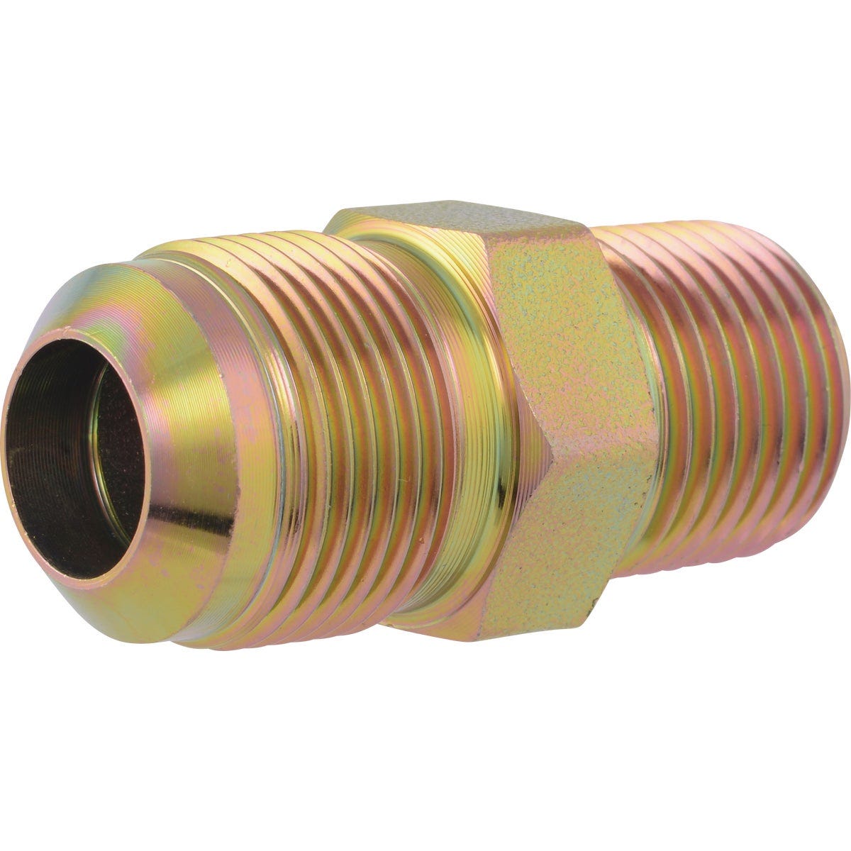 Eastman 5/8 In. OD Flare x 1/2 In. MIP (Tapped 3/8 In. FIP) Zinc-Plated Carbon Steel Adapter Gas Fitting Eastman 5/8 In. OD Flare x 1/2 In. MIP (Tapped 3/8 In. FIP) Zinc-Plated Carbon Steel Adapter Gas Fitting