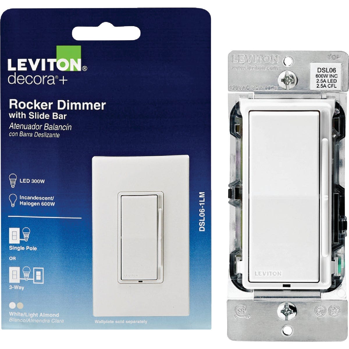 Leviton Decora Incandescent/LED/CFL White/Light Almond Color Change Kit Slide Dimmer Switch